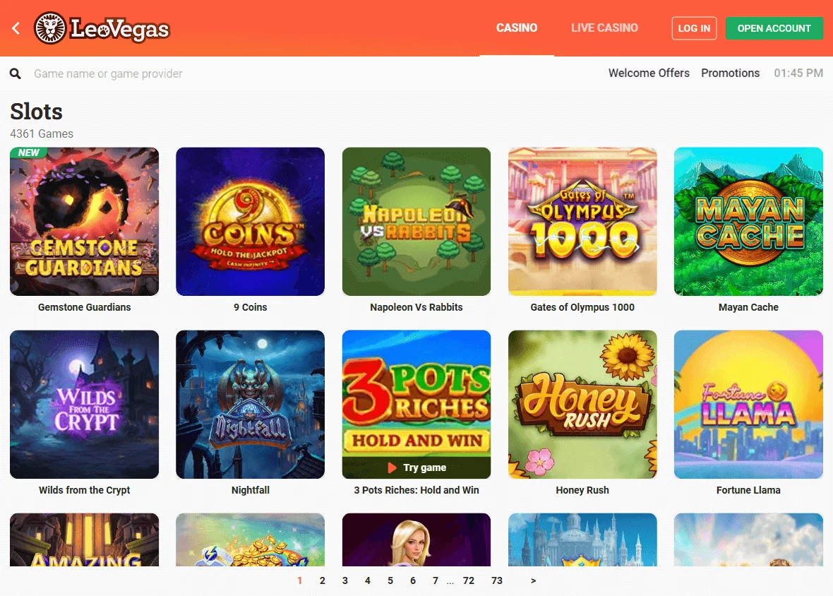 LeoVegas Casino desktop games lobby