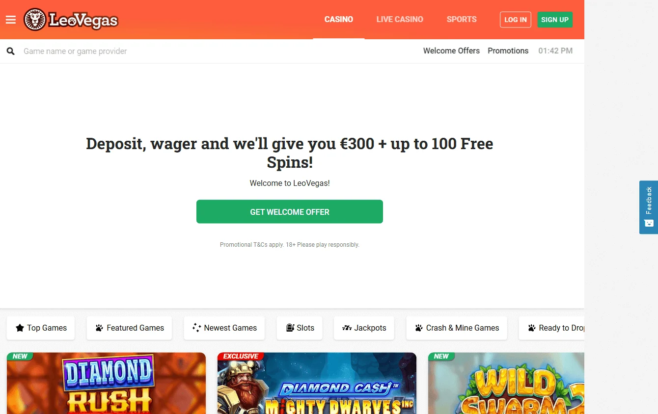 LeoVegas Casino desktop home interface