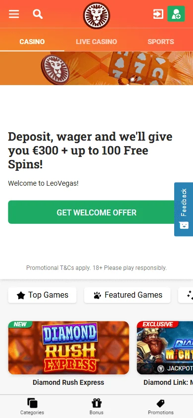 LeoVegas Casino mobile home interface